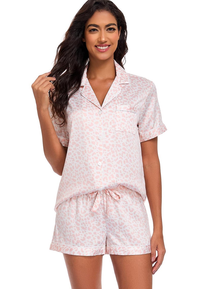 Serenedelicacy Women's Satin Pajama Set 2-Piece Sleepwear Loungewear Button Down Short Sleeve Silky PJ Set (Medium, Blush, Leopard) - Image 1